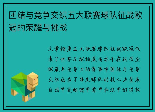 团结与竞争交织五大联赛球队征战欧冠的荣耀与挑战