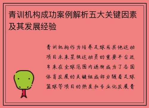 青训机构成功案例解析五大关键因素及其发展经验