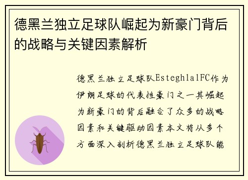 德黑兰独立足球队崛起为新豪门背后的战略与关键因素解析 德黑兰独立足球队崛起为新豪门背后的战略与关键因素解析