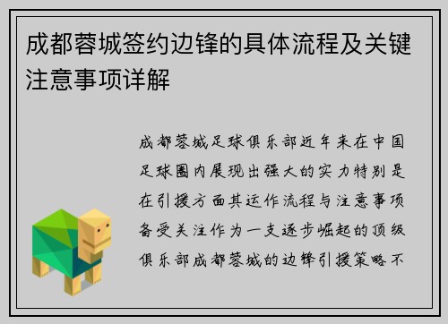 成都蓉城签约边锋的具体流程及关键注意事项详解